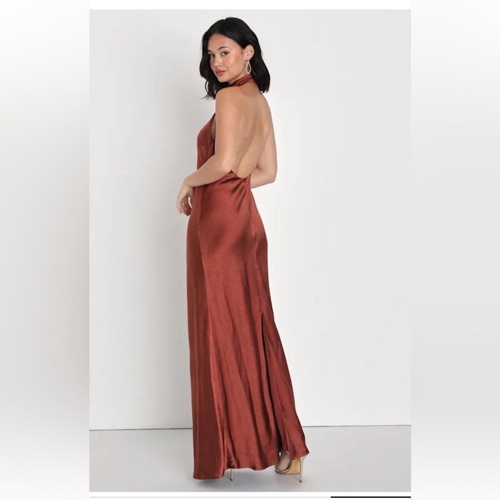 Lulus Love in Your Life Rust Brown Satin Halter Maxi Dress size XS NEW - Picture 3 of 10